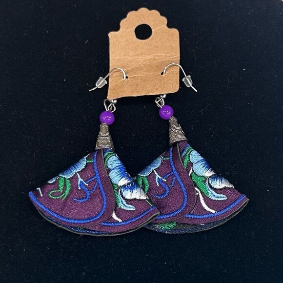 NWOT Xinyao Handmade Mexican Dangle Earrings Women's Blue Embroidered Floral - Picture 6 of 7